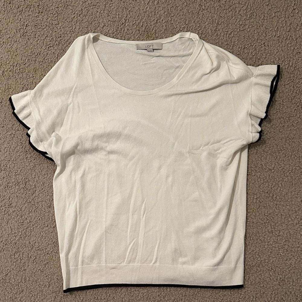 LOFT White Short Sleeve Ruffle sweater